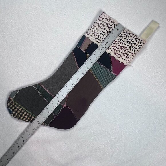 Vintage Crazy Quilt Patchwork Stocking Lace‎ Trim Top Christmas - Picture 8 of 11